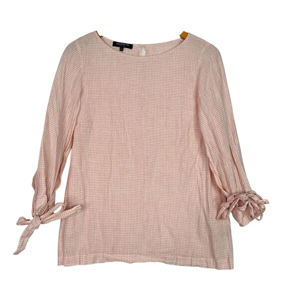 Lafayette 148 Linen Gingham Blouse Women’s Small Peach Check 3/4 Sleeve Bow Cuff - Picture 2 of 10